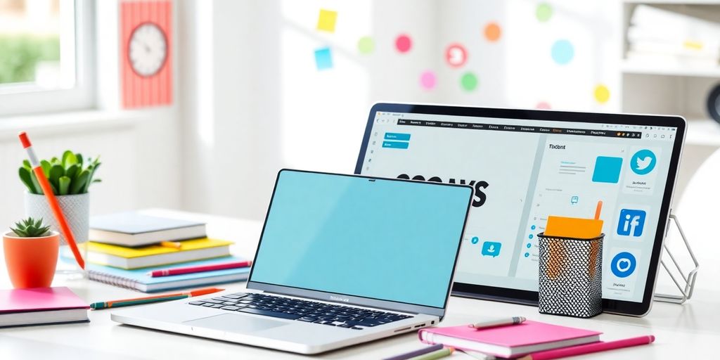 Colorful workspace with laptop and planners for content planning.