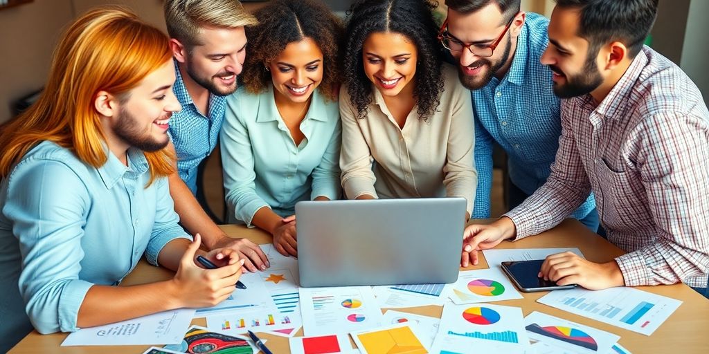 Diverse professionals collaborating with a laptop and colorful notes.