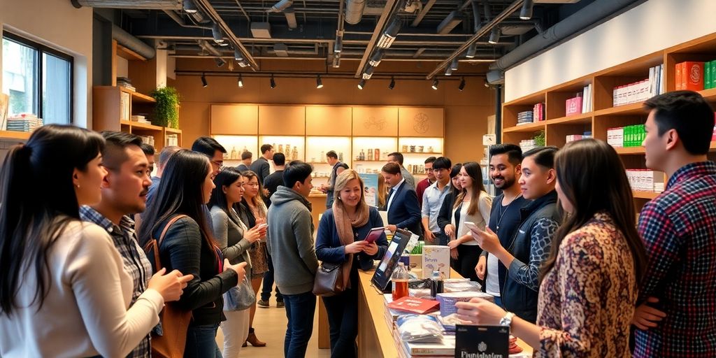Diverse customers engaging in a modern retail setting.